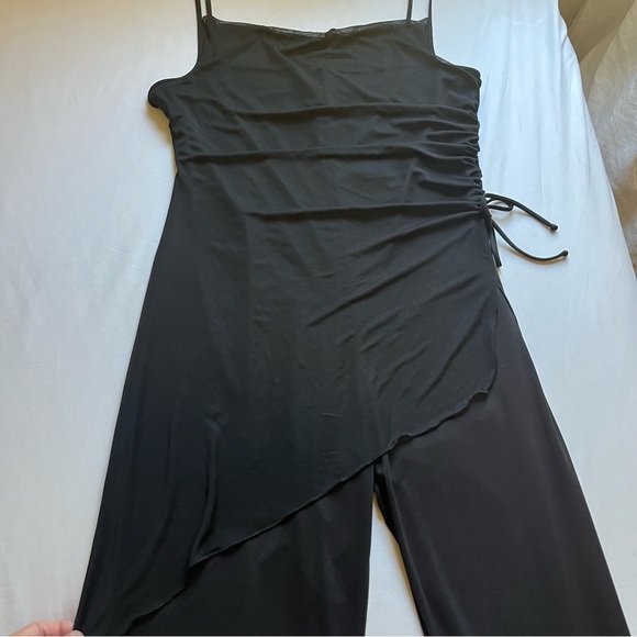 FINESSE vintage black knit mesh tank ruched asymmetrical wide leg jumpsuit - Picture 2 of 6